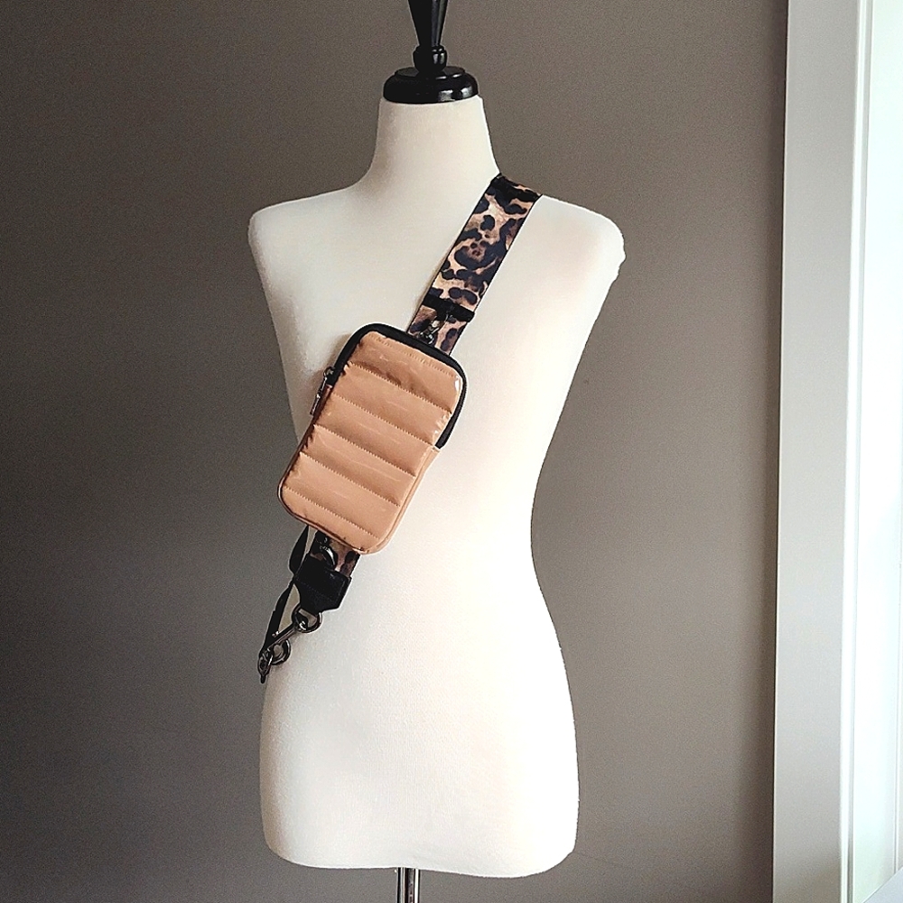 Think Royln Quilted Crossbody Cell Case Tan and Black with Animal Print Strap